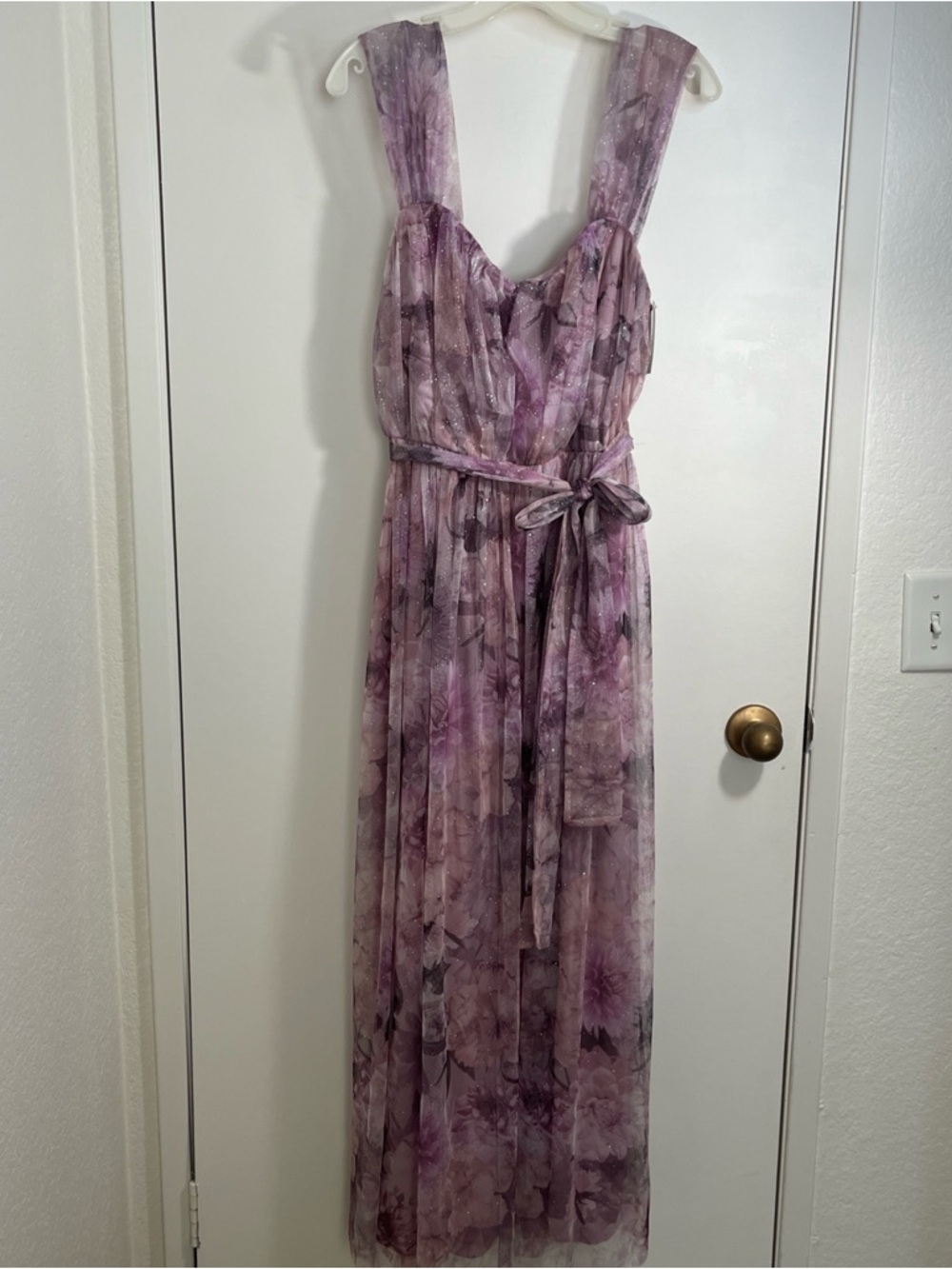 NWT Candlelite Lavender Floral Maxi Dress Med w/Tie Glitter Prom Wedding Guest
